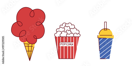 Cute flat illustration set with cotton candy, popcorn, and a drink. Perfect for cinema themes, street food designs, and kids party concepts.