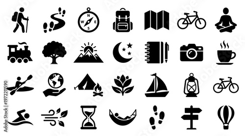 Collection of outdoor adventure and travel icons representing hiking camping cycling kayaking and relaxation activities for tourism and recreation concepts