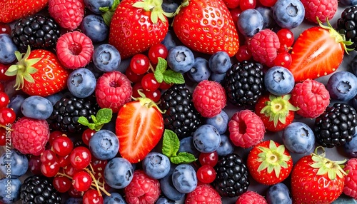 Brightly lit assortment of mixed berries with vibrant red, blue and dark hues, packed closely together