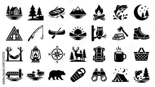 Collection of Outdoor Adventure and Camping Icons Representing Nature Hobbies and Wilderness Activities