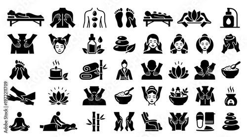 Collection of spa and wellness icons representing massage therapy hot stones aromatherapy and relaxation treatments