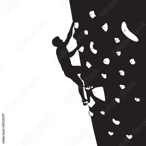 Rock climber silhouette scaling a challenging indoor climbing wall with numerous holds a male athlete in climbing gear ascending a steep artificial rock face a dynamic black and white action shot