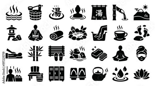 Collection of Japanese Onsen and Spa Icons Representing Relaxation Hot Springs Massage and Wellness Activities