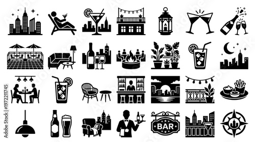 Collection of bar and restaurant icons representing nightlife dining and urban entertainment scenes with cityscape elements