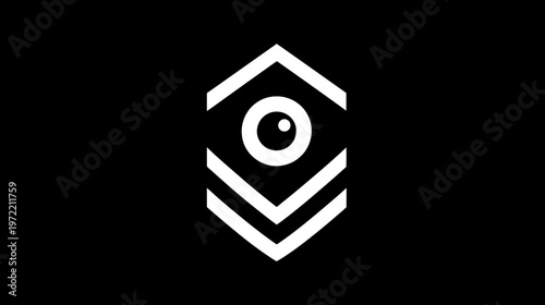 A simple, black-and-white graphic featuring an eye within a hexagonal frame on a dark backdrop