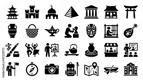 Collection of cultural and travel icons representing landmarks activities and historical artifacts for tourism and education concepts