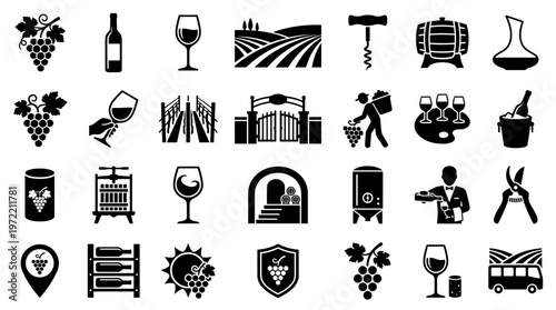 Collection of wine icons representing vineyard cultivation winemaking and wine tasting with grapes barrels and glasses