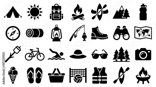 Collection of outdoor recreation and adventure icons representing camping hiking travel and summer vacation activities