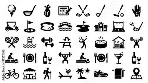 Collection of diverse icons representing sports, leisure, fitness, and travel activities for lifestyle and recreation themes
