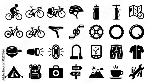 Collection of cycling icons and symbols representing various aspects of bicycle riding and outdoor adventure