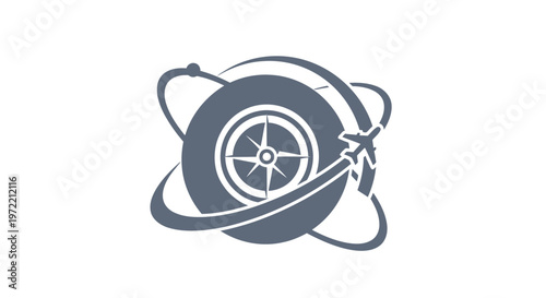 Modern abstract design of a globe with a compass and airplane.