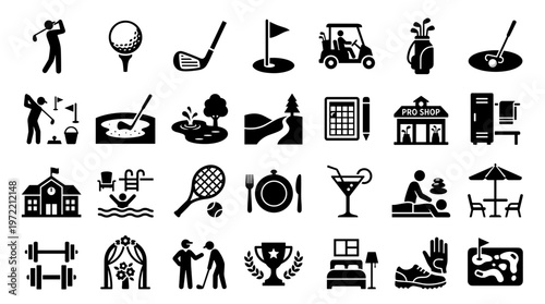 Collection of golf icons representing various aspects of the sport and resort activities including players equipment and amenities