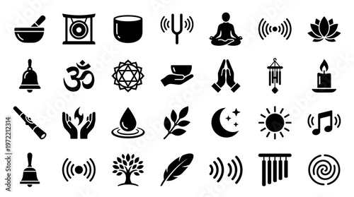 Collection of spiritual and wellness icons representing meditation yoga sound healing nature and mindfulness concepts