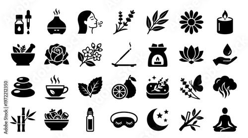 Collection of icons representing wellness, relaxation, aromatherapy, and healthy lifestyle elements