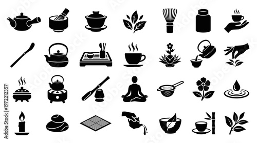 Collection of Japanese tea ceremony icons and symbols representing tradition relaxation and mindfulness in a minimalist black and white design