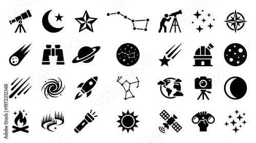 Collection of astronomy and space exploration icons representing celestial bodies, telescopes, rockets, and scientific discovery