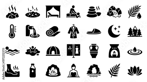 Collection of spa and wellness icons representing relaxation massage hot stones aromatherapy and natural beauty treatments