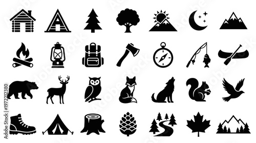 Collection of outdoor adventure and nature icons representing camping hiking wildlife and wilderness exploration with a rustic and natural theme