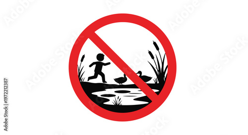 Prohibition sign showing a child and ducks near water, indicating no entry or restricted area