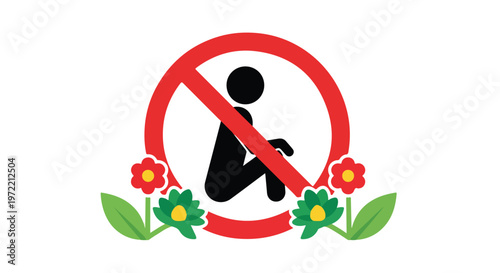 No sitting allowed symbol with flowers and leaves, prohibition sign indicating restricted area