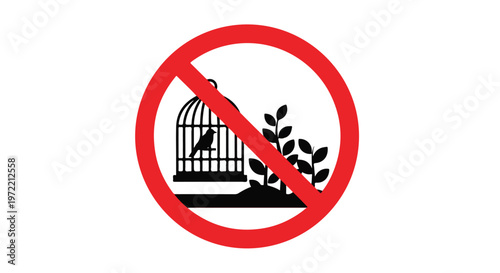 Symbol indicating prohibition of keeping birds in cages, representing freedom and nature conservation