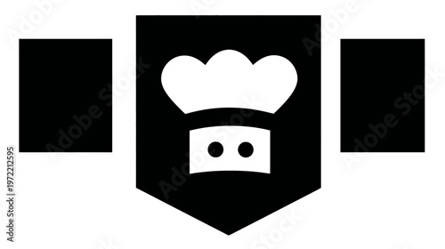 Black and white cooking-related emblem, featuring a chef's hat and stylized banner shape