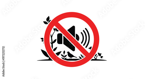 Red prohibition sign with a speaker icon and plants, indicating no sound or quiet zone in nature