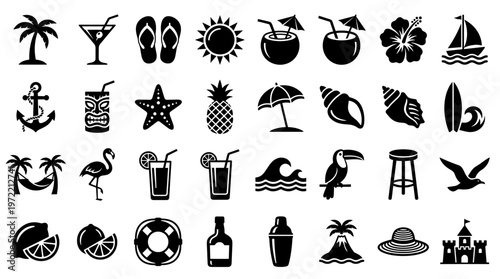 Collection of tropical vacation icons representing summer beach holiday elements like palm trees cocktails sun and beach accessories