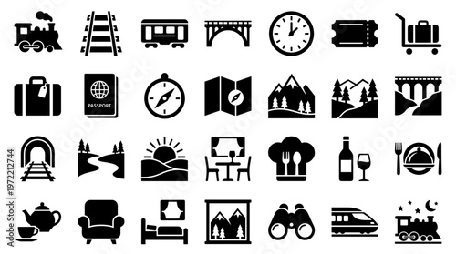 Collection of travel and transportation icons representing journeys, destinations, and related activities like dining and accommodation