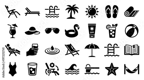 Collection of summer vacation icons representing beach relaxation and pool activities with travel and leisure symbols
