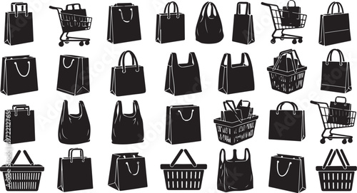 Collection of black shopping bags and carts on white background