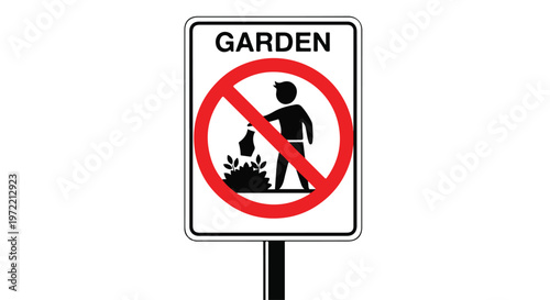 No entry sign for garden area with prohibition symbol and pictogram of person tending plants