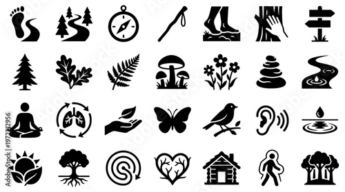 Nature icons set for outdoor recreation and healthy lifestyle symbols representing hiking meditation and environmental awareness