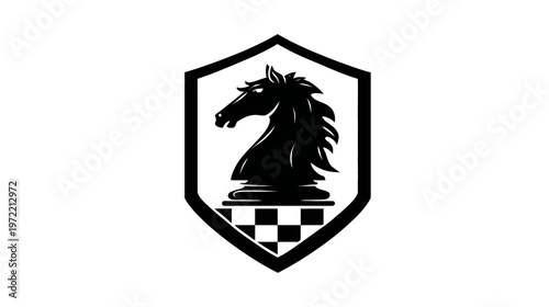 Black silhouette of a chess knight inside a shield with a checkered pattern at the bottom