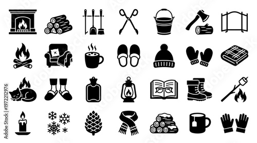 Cozy Winter Icons Collection Featuring Fireplace Warmth and Seasonal Comfort Elements