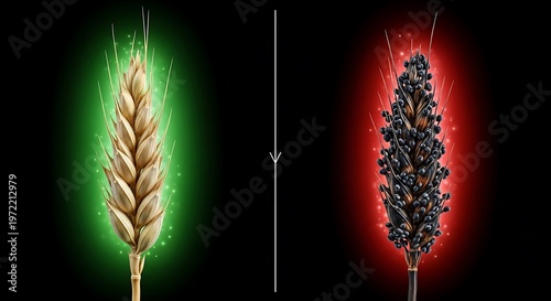 Healthy golden wheat ear glowing next to disease infected black smut grains.