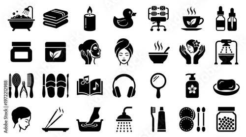 Collection of spa and wellness icons representing relaxation self care and beauty treatments for a healthy lifestyle