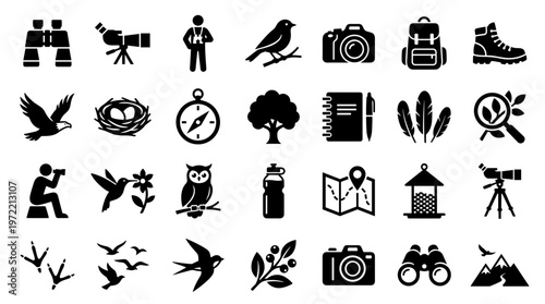 Collection of bird watching and nature exploration icons and symbols for outdoor adventure and wildlife observation