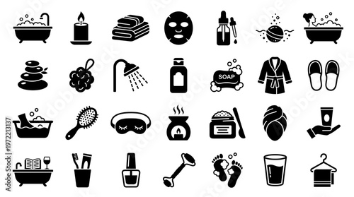 Collection of spa and beauty icons representing relaxation self care and wellness treatments for a tranquil experience