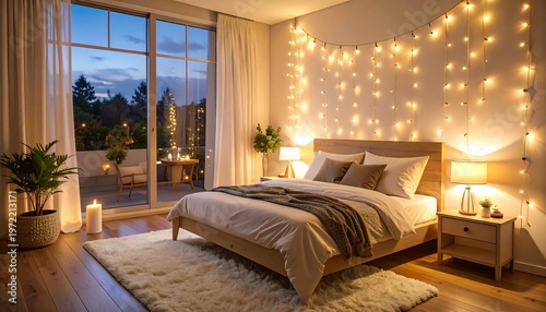 Brightly lit bedroom, evening view from balcony. Cozy and comfortable aesthetic