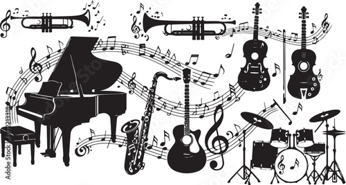 Musical instruments and notes on a white background illustration