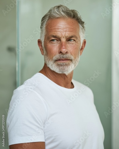 Aged Man with Grey Hair, Beard, and Mustache, Looking Serious in White T-Shirt.
