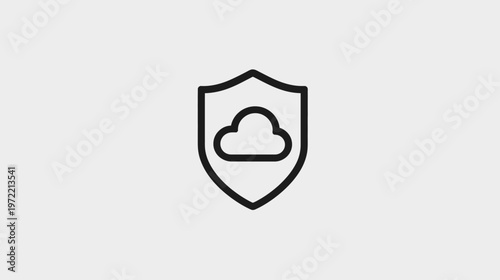 Black shield icon with a cloud in the center, set against a light grey background