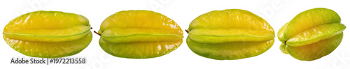 Foto A vibrant photograph of four perfectly ripe yellow star fruits, or carambola