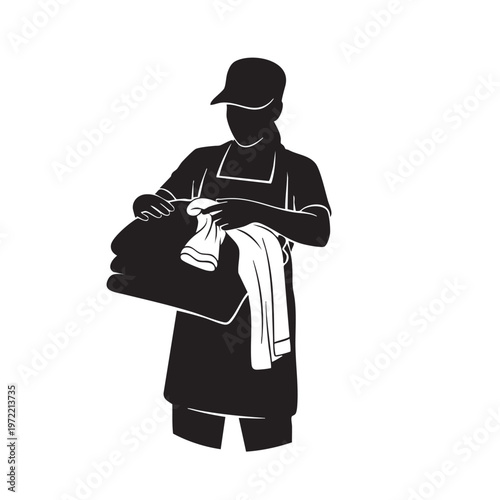 Woman Folding Laundry Silhouette Black and White Vector Illustration Isolated on White Background Female Housekeeper Organizing Clean Clothes Household Chores
