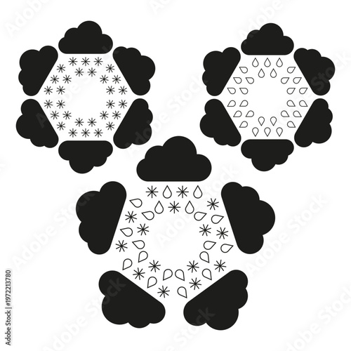Cloud hexagon set. Rain snow Vector. Precipitation storm form. Weather symbol variety. Manual vector only. No autotrace used.