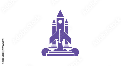 Purple Rocket Ship Icon on White Background Depicting Space Travel.