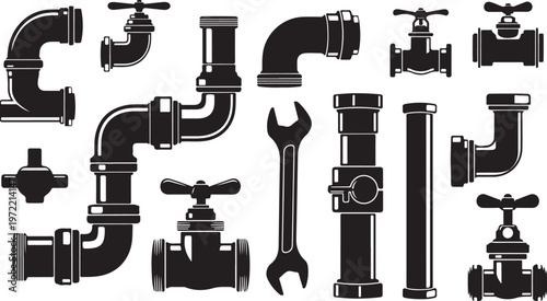 Plumbing tools and pipes in black and white illustration style