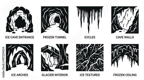Ice Cave Formations and Frozen Interior Silhouette Vector Icon Set – Striking Vectors Featuring Cave Entrances, Icicles, Arches, Glacier Interiors, and Textured Walls in Minimalist Black Profiles