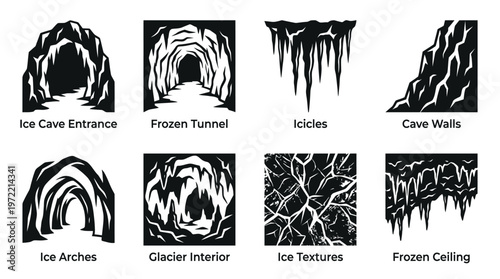 Ice Cave Formations and Frozen Interior Silhouette Vector Icon Set – Striking Vectors Featuring Cave Entrances, Icicles, Arches, Glacier Interiors, and Textured Walls in Minimalist Black Profiles